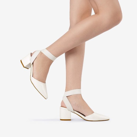 Women Pointed Toe Low Chunky Heels Pump White Pu-n Non-Slip Outsole Shoes - Picture 5 of 6